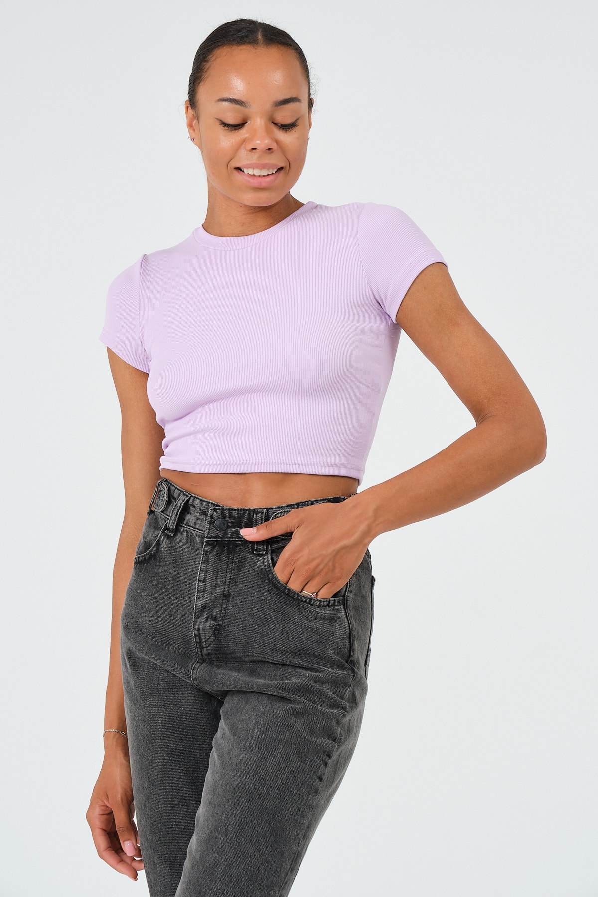 Kadın Bej Bisiklet Yaka Kısa Kollu Crop Basic Bluz