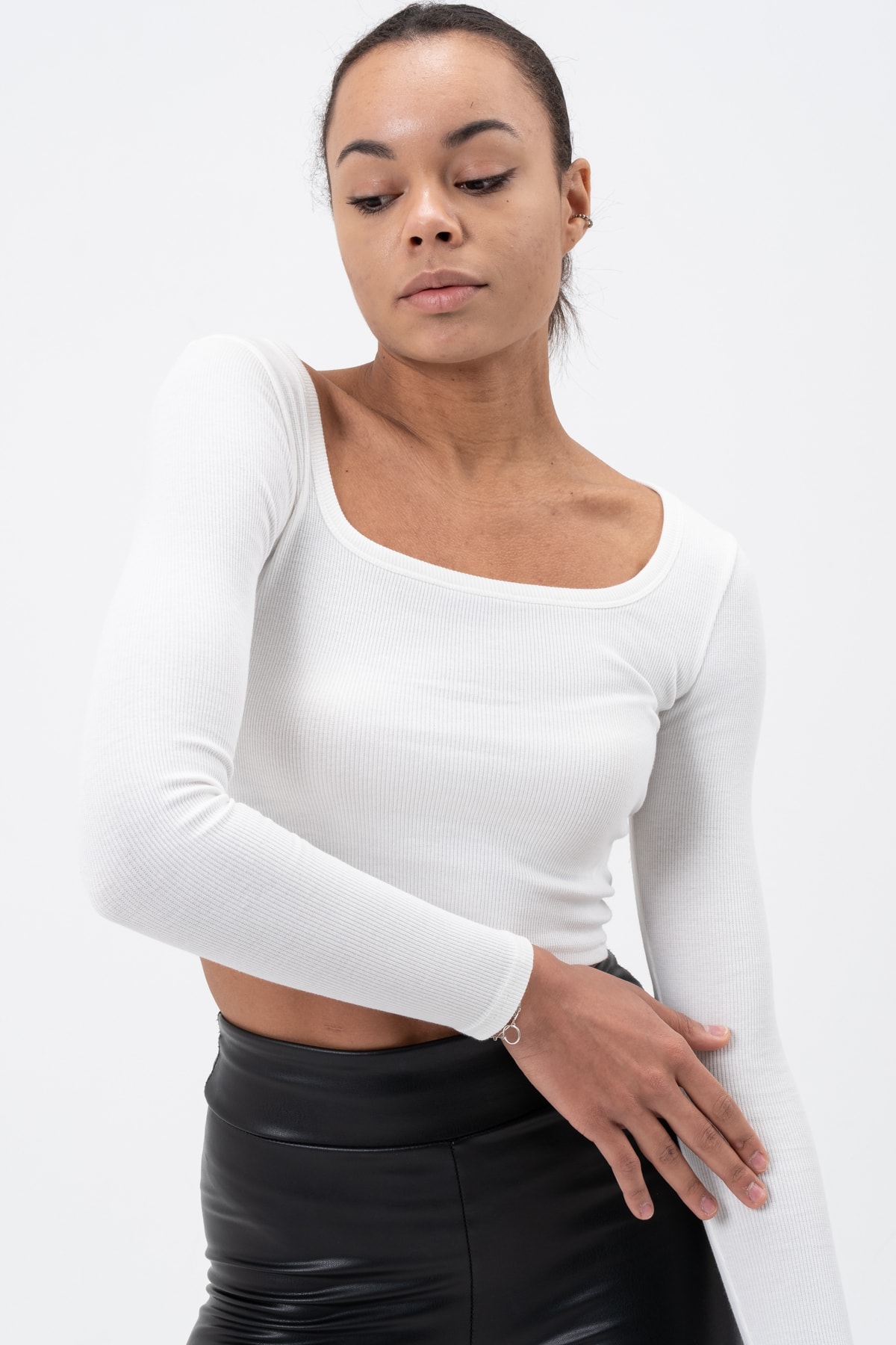 Kadın Gül Kurusu Uzun Kollu Kare Yaka Fitilli Bluz